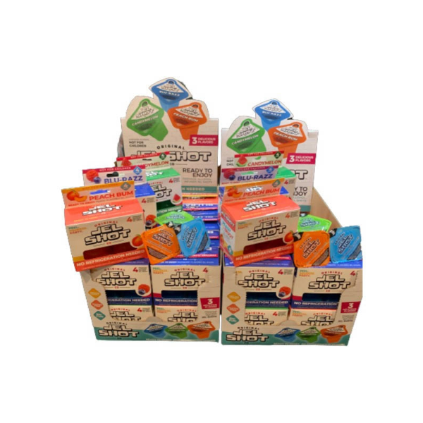 JEL SHOTS 4X25ML PRÉSENTOIR FRAMBOISE-MELON-PÊCHE 100ML